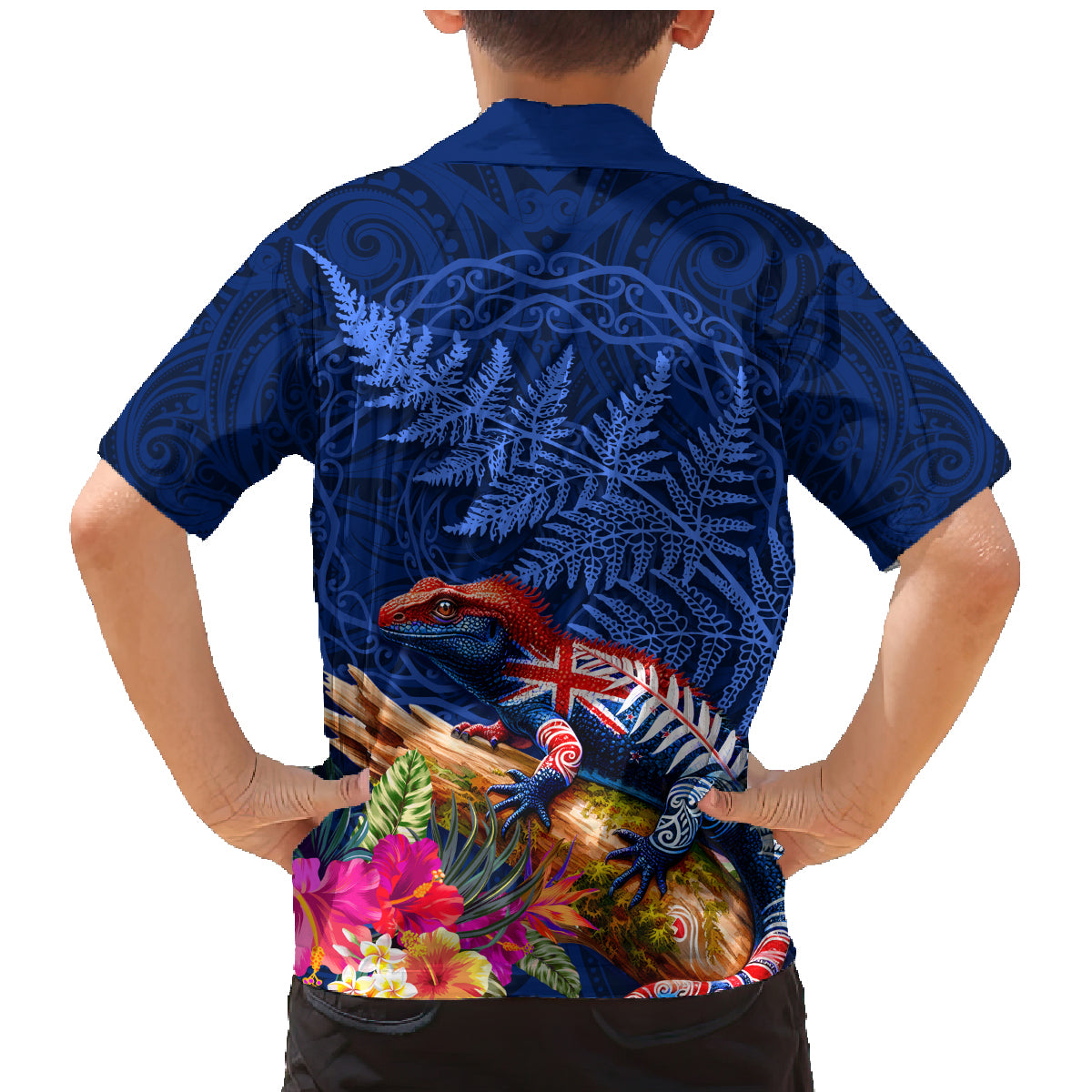 New Zealand Tuatara Family Matching Mermaid Dress and Hawaiian Shirt Silver Fern Hibiscus and Tribal Maori Pattern Blue Color LT03 - Polynesian Pride