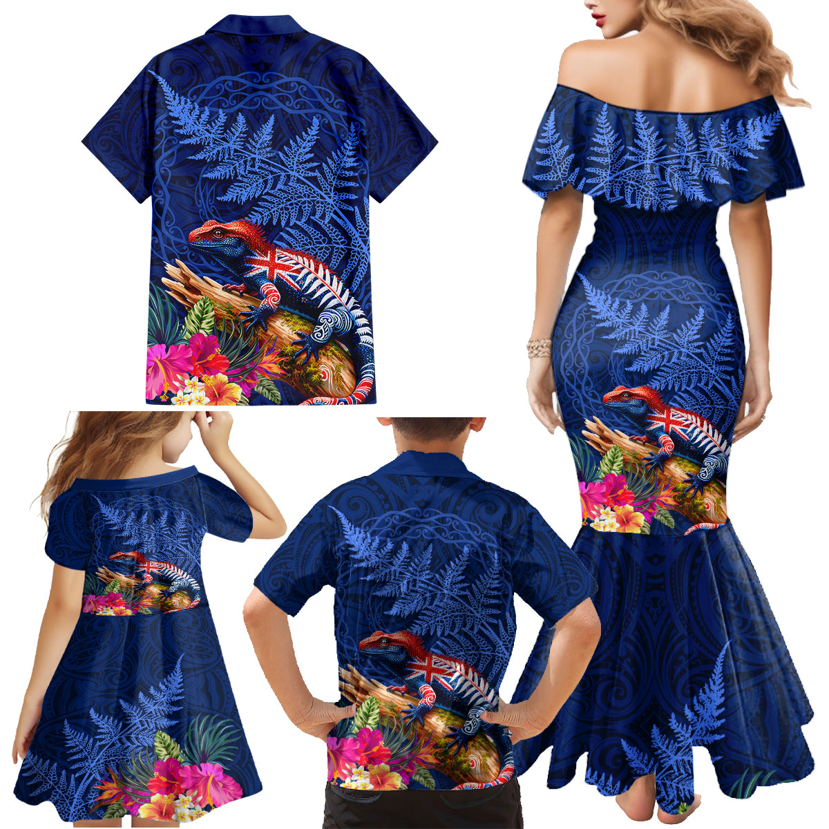 New Zealand Tuatara Family Matching Mermaid Dress and Hawaiian Shirt Silver Fern Hibiscus and Tribal Maori Pattern Blue Color LT03 - Polynesian Pride