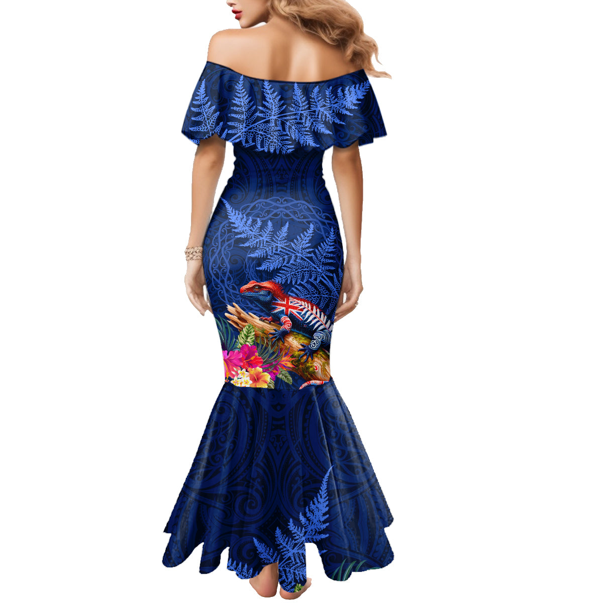 New Zealand Tuatara Family Matching Mermaid Dress and Hawaiian Shirt Silver Fern Hibiscus and Tribal Maori Pattern Blue Color LT03 - Polynesian Pride