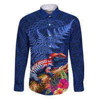 New Zealand Tuatara Family Matching Off The Shoulder Long Sleeve Dress and Hawaiian Shirt Silver Fern Hibiscus and Tribal Maori Pattern Blue Color