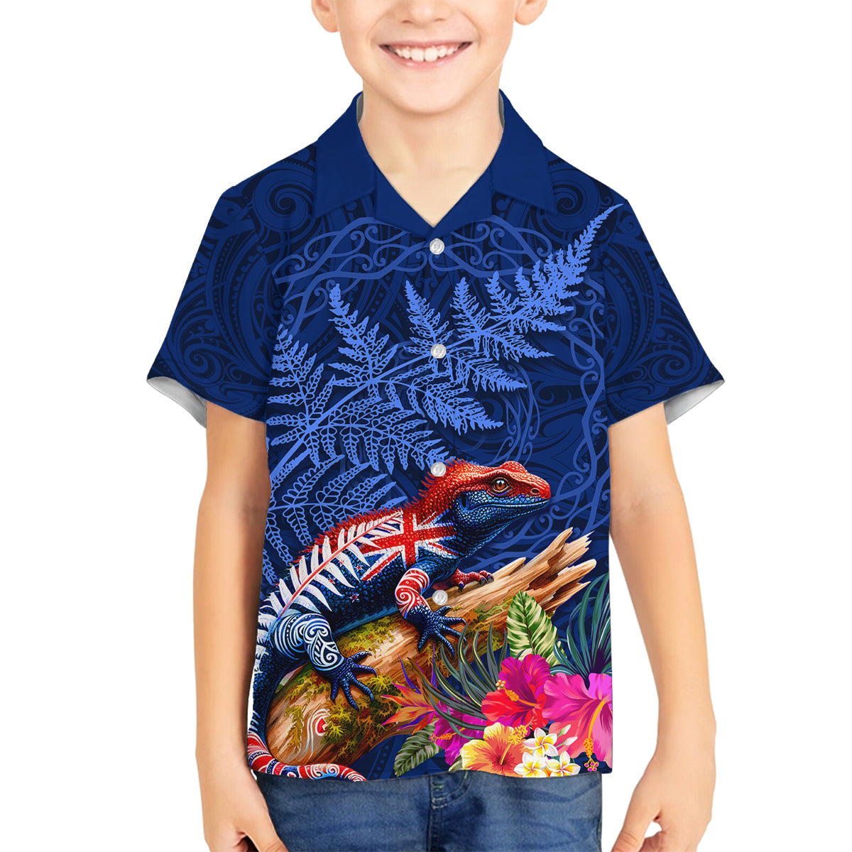 New Zealand Tuatara Family Matching Off The Shoulder Long Sleeve Dress and Hawaiian Shirt Silver Fern Hibiscus and Tribal Maori Pattern Blue Color