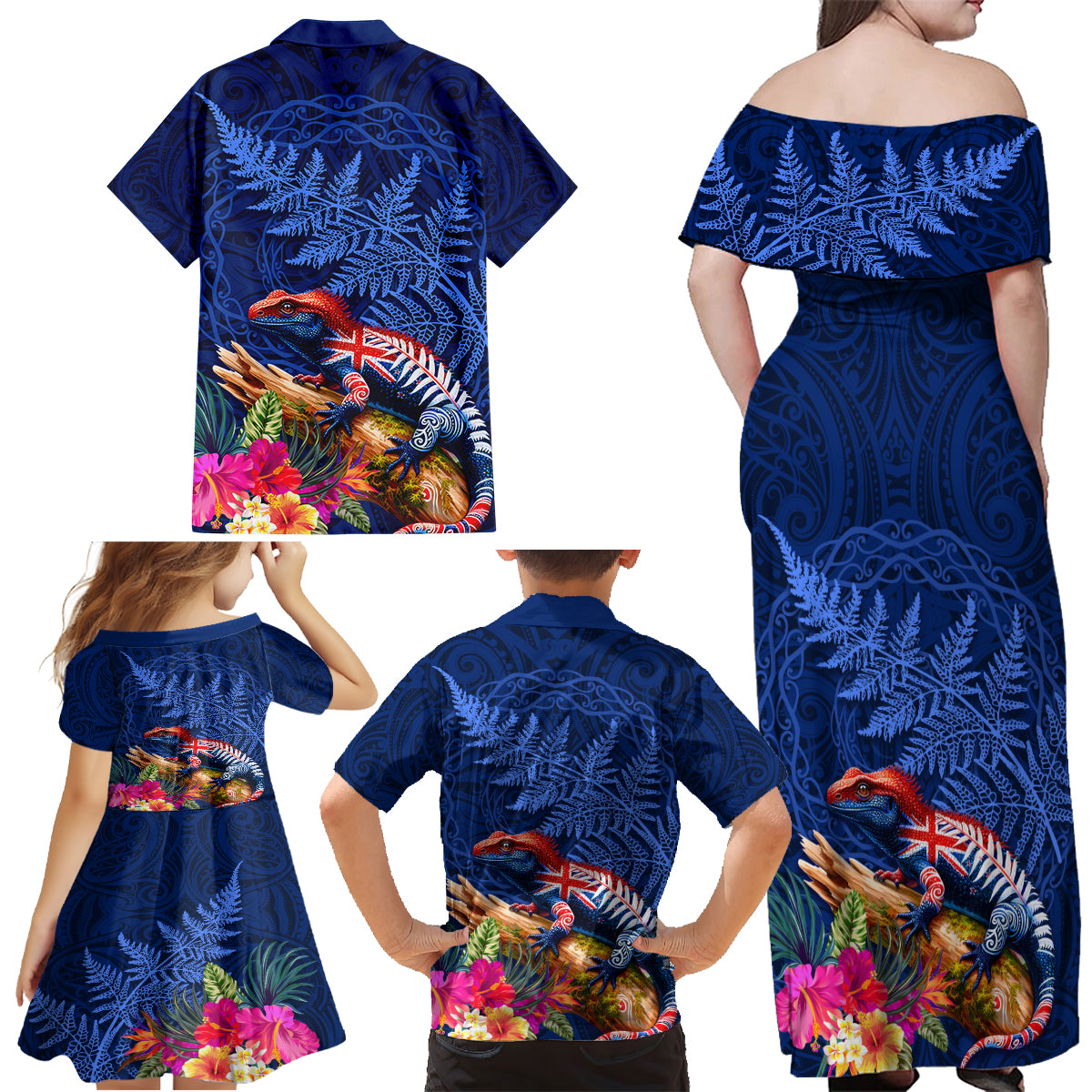 New Zealand Tuatara Family Matching Off Shoulder Maxi Dress and Hawaiian Shirt Silver Fern Hibiscus and Tribal Maori Pattern Blue Color LT03 - Polynesian Pride