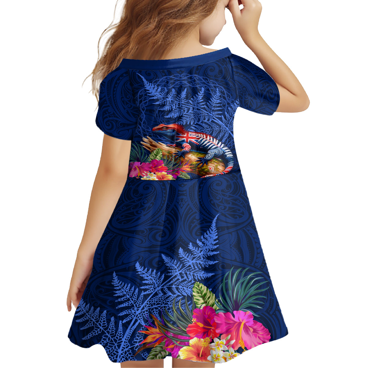 New Zealand Tuatara Family Matching Off Shoulder Short Dress and Hawaiian Shirt Silver Fern Hibiscus and Tribal Maori Pattern Blue Color LT03 - Polynesian Pride