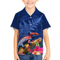 New Zealand Tuatara Family Matching Off Shoulder Short Dress and Hawaiian Shirt Silver Fern Hibiscus and Tribal Maori Pattern Blue Color LT03 Son's Shirt Blue - Polynesian Pride
