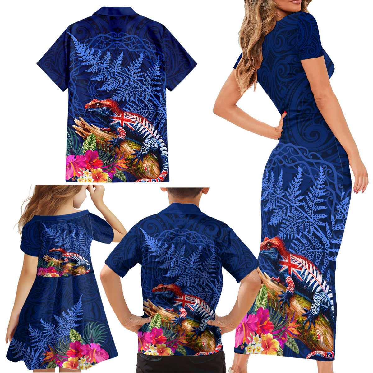 New Zealand Tuatara Family Matching Short Sleeve Bodycon Dress and Hawaiian Shirt Silver Fern Hibiscus and Tribal Maori Pattern Blue Color LT03 - Polynesian Pride