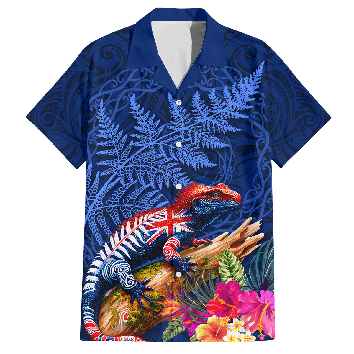 New Zealand Tuatara Family Matching Summer Maxi Dress and Hawaiian Shirt Silver Fern Hibiscus and Tribal Maori Pattern Blue Color LT03 Dad's Shirt - Short Sleeve Blue - Polynesian Pride
