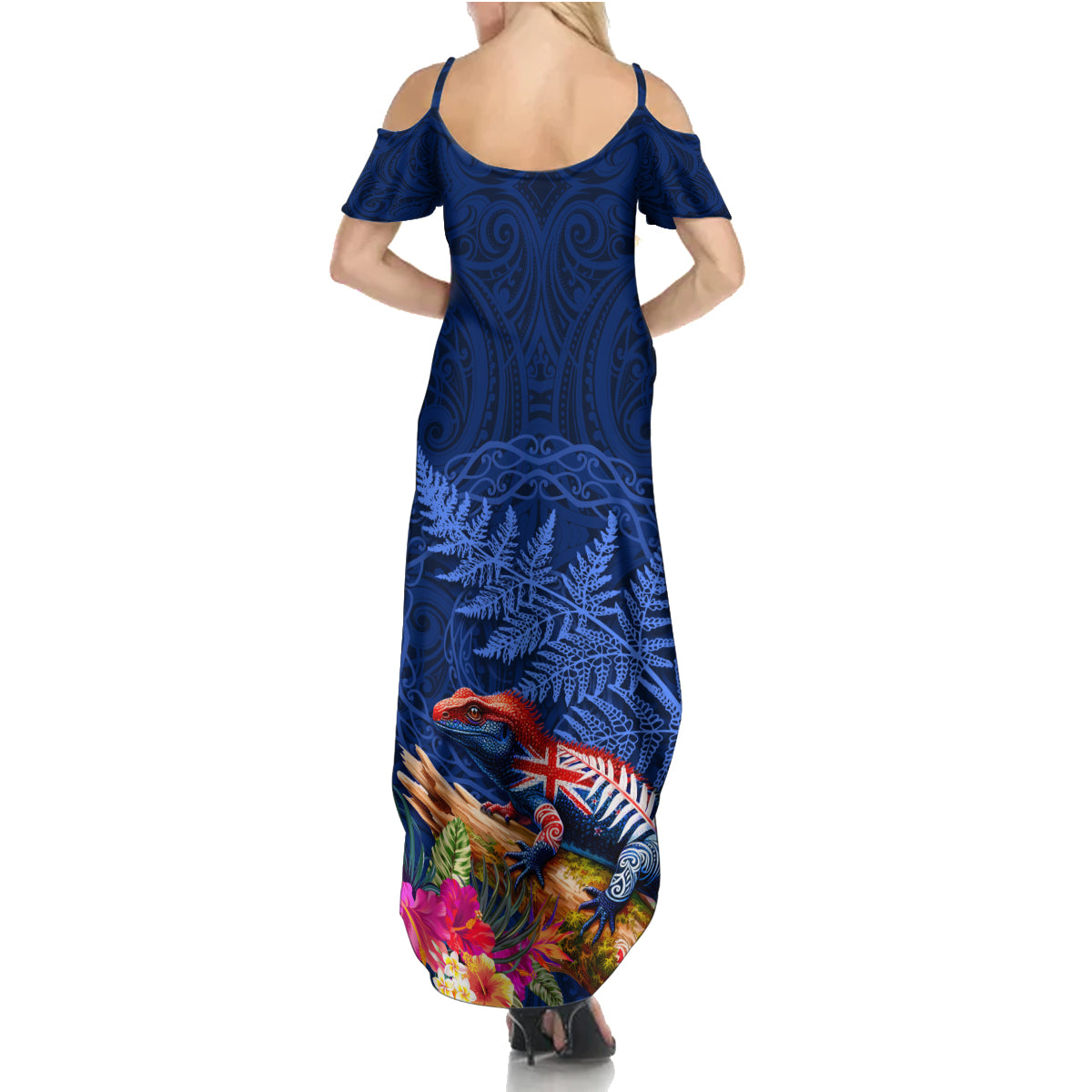 New Zealand Tuatara Family Matching Summer Maxi Dress and Hawaiian Shirt Silver Fern Hibiscus and Tribal Maori Pattern Blue Color LT03 - Polynesian Pride