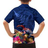 New Zealand Tuatara Family Matching Tank Maxi Dress and Hawaiian Shirt Silver Fern Hibiscus and Tribal Maori Pattern Blue Color LT03 - Polynesian Pride