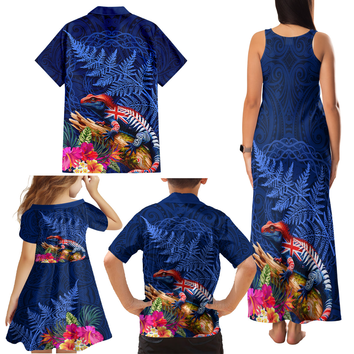 New Zealand Tuatara Family Matching Tank Maxi Dress and Hawaiian Shirt Silver Fern Hibiscus and Tribal Maori Pattern Blue Color LT03 - Polynesian Pride
