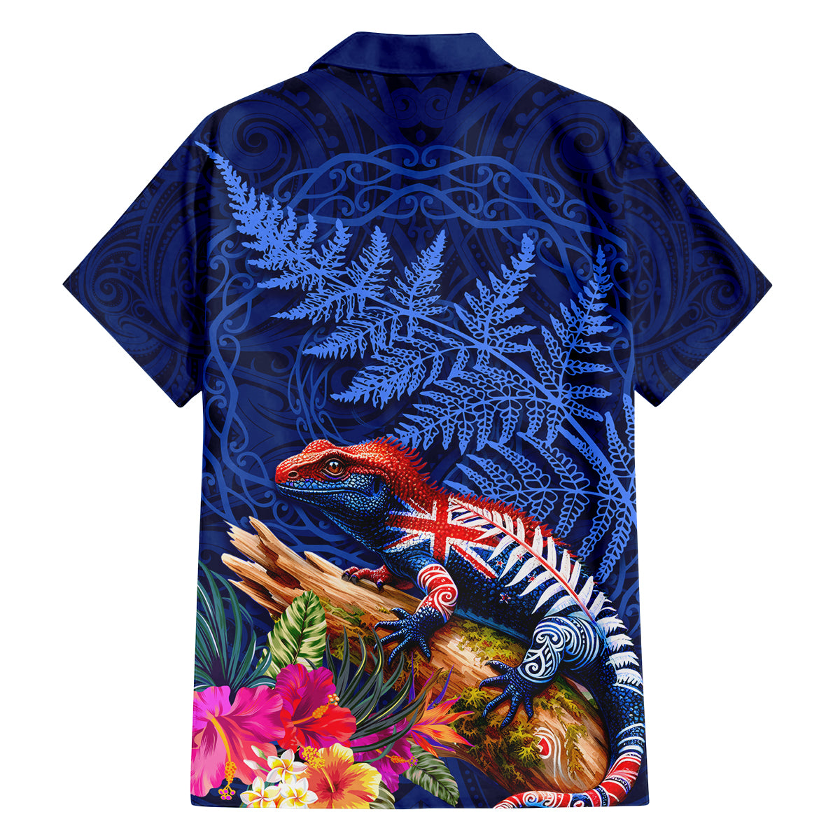 New Zealand Tuatara Family Matching Tank Maxi Dress and Hawaiian Shirt Silver Fern Hibiscus and Tribal Maori Pattern Blue Color LT03 - Polynesian Pride