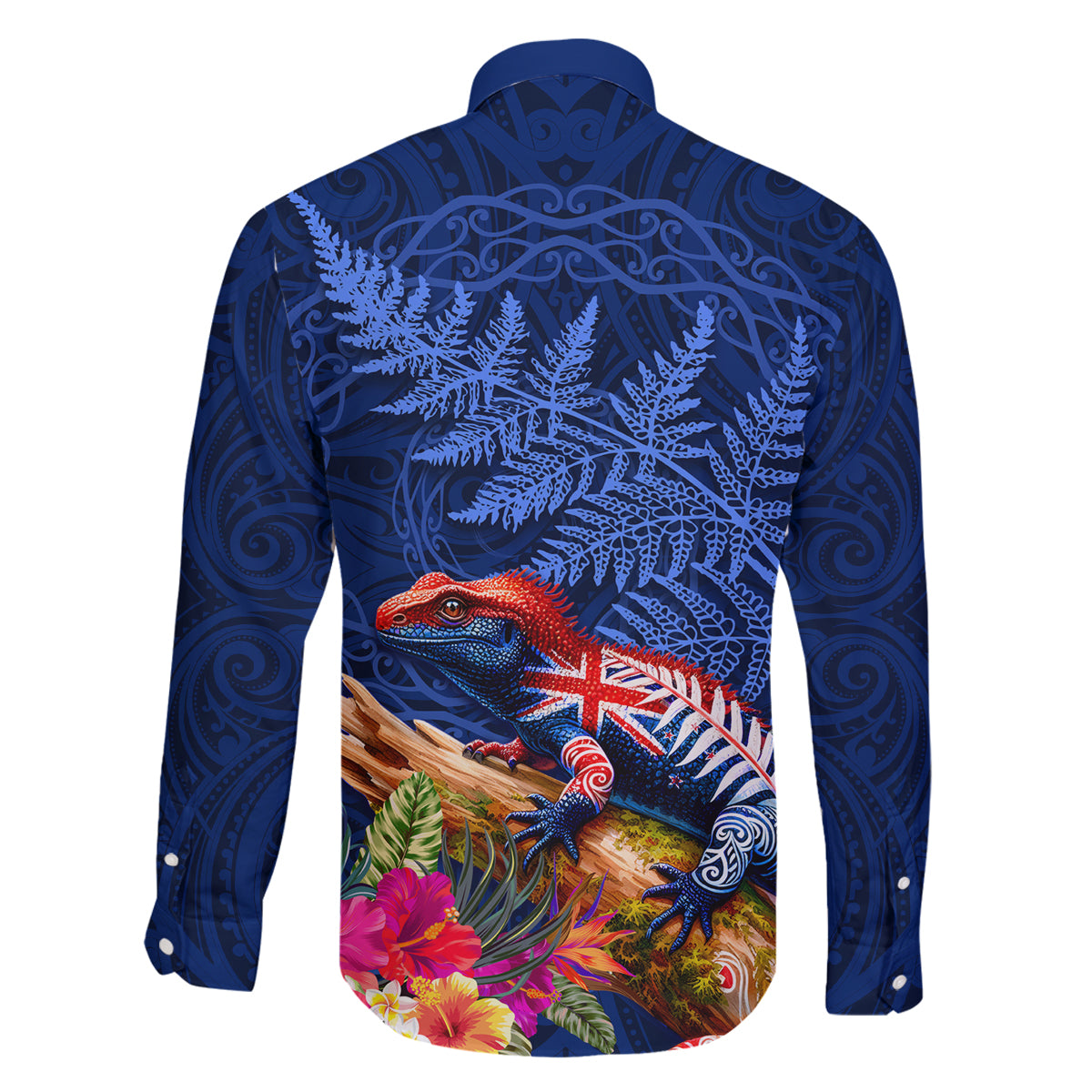 New Zealand Tuatara Family Matching Tank Maxi Dress and Hawaiian Shirt Silver Fern Hibiscus and Tribal Maori Pattern Blue Color LT03 - Polynesian Pride