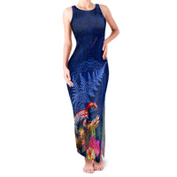New Zealand Tuatara Family Matching Tank Maxi Dress and Hawaiian Shirt Silver Fern Hibiscus and Tribal Maori Pattern Blue Color LT03 Mom's Dress Blue - Polynesian Pride