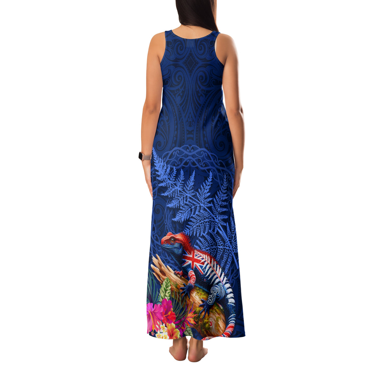 New Zealand Tuatara Family Matching Tank Maxi Dress and Hawaiian Shirt Silver Fern Hibiscus and Tribal Maori Pattern Blue Color LT03 - Polynesian Pride