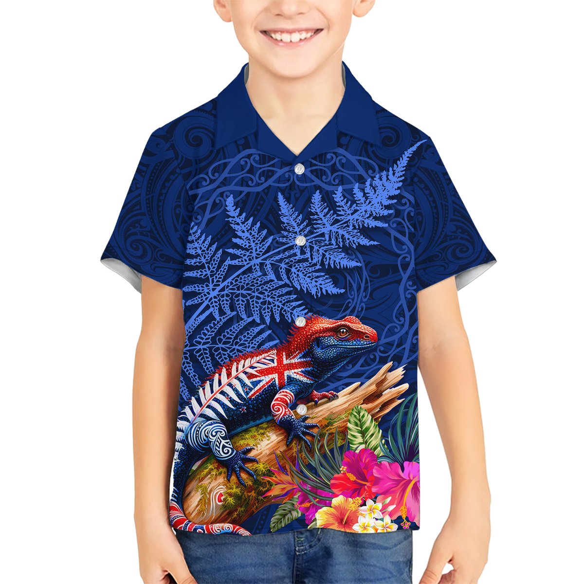 New Zealand Tuatara Hawaiian Shirt Silver Fern Hibiscus and Tribal Maori Pattern Blue Color