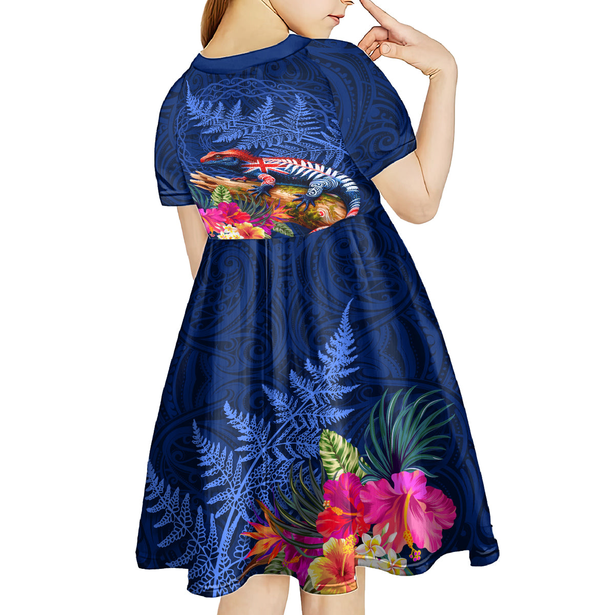 New Zealand Tuatara Kid Short Sleeve Dress Silver Fern Hibiscus and Tribal Maori Pattern Blue Color