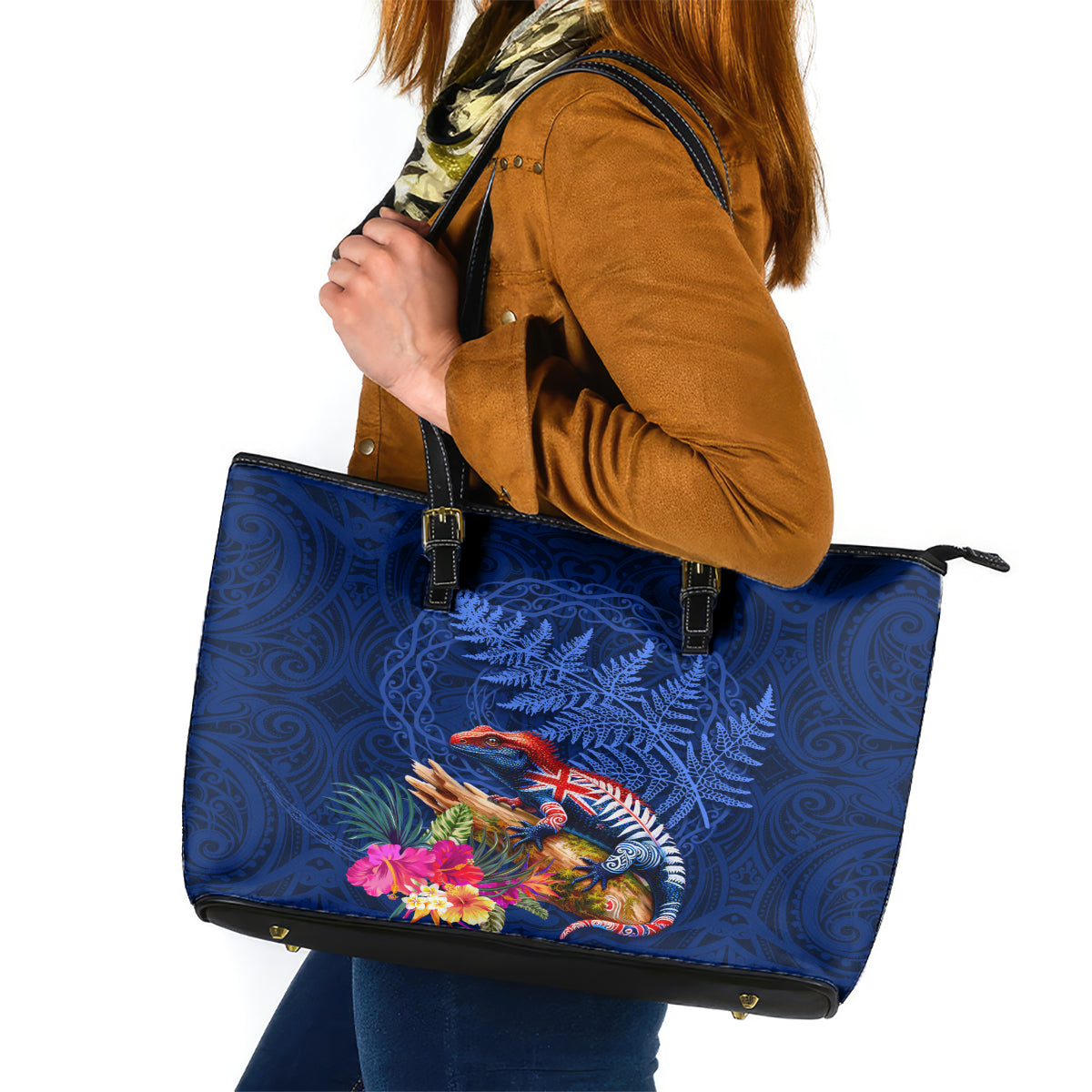 New Zealand Tuatara Leather Tote Bag Silver Fern Hibiscus and Tribal Maori Pattern Blue Color LT03 Blue - Polynesian Pride