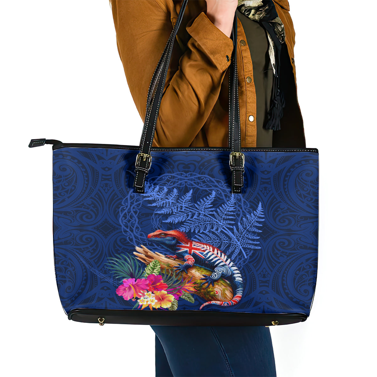 New Zealand Tuatara Leather Tote Bag Silver Fern Hibiscus and Tribal Maori Pattern Blue Color LT03 - Polynesian Pride