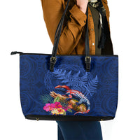 New Zealand Tuatara Leather Tote Bag Silver Fern Hibiscus and Tribal Maori Pattern Blue Color LT03 - Polynesian Pride