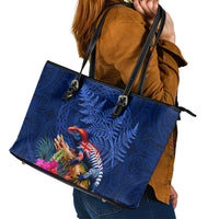 New Zealand Tuatara Leather Tote Bag Silver Fern Hibiscus and Tribal Maori Pattern Blue Color LT03 - Polynesian Pride