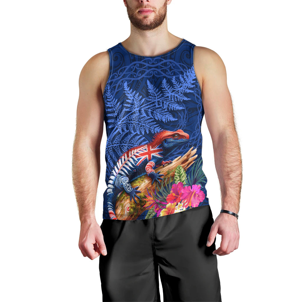 New Zealand Tuatara Men Tank Top Silver Fern Hibiscus and Tribal Maori Pattern Blue Color LT03 - Polynesian Pride