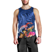 New Zealand Tuatara Men Tank Top Silver Fern Hibiscus and Tribal Maori Pattern Blue Color LT03 - Polynesian Pride