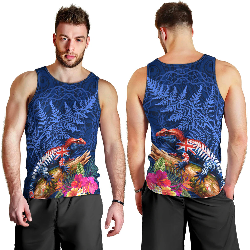 New Zealand Tuatara Men Tank Top Silver Fern Hibiscus and Tribal Maori Pattern Blue Color LT03 - Polynesian Pride