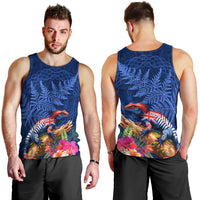 New Zealand Tuatara Men Tank Top Silver Fern Hibiscus and Tribal Maori Pattern Blue Color LT03 - Polynesian Pride