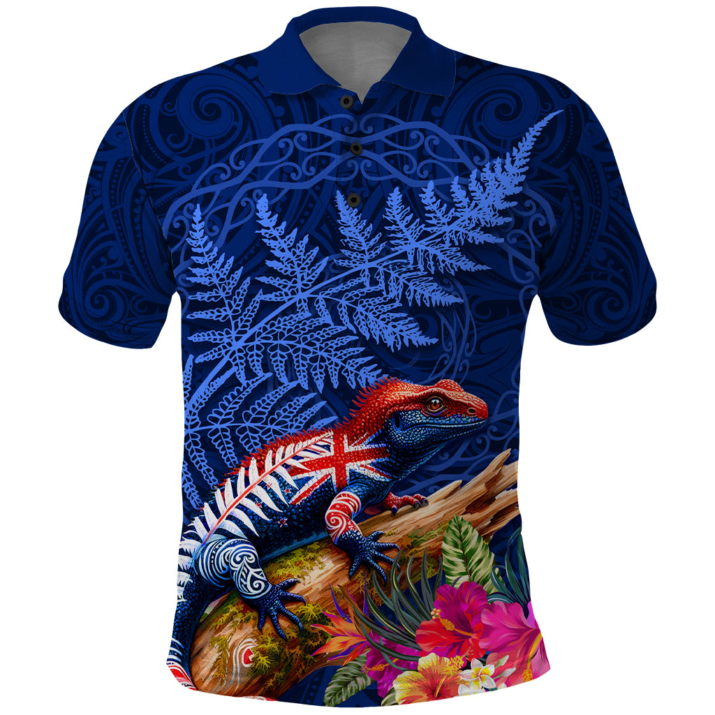 New Zealand Tuatara Polo Shirt Silver Fern Hibiscus and Tribal Maori Pattern Blue Color