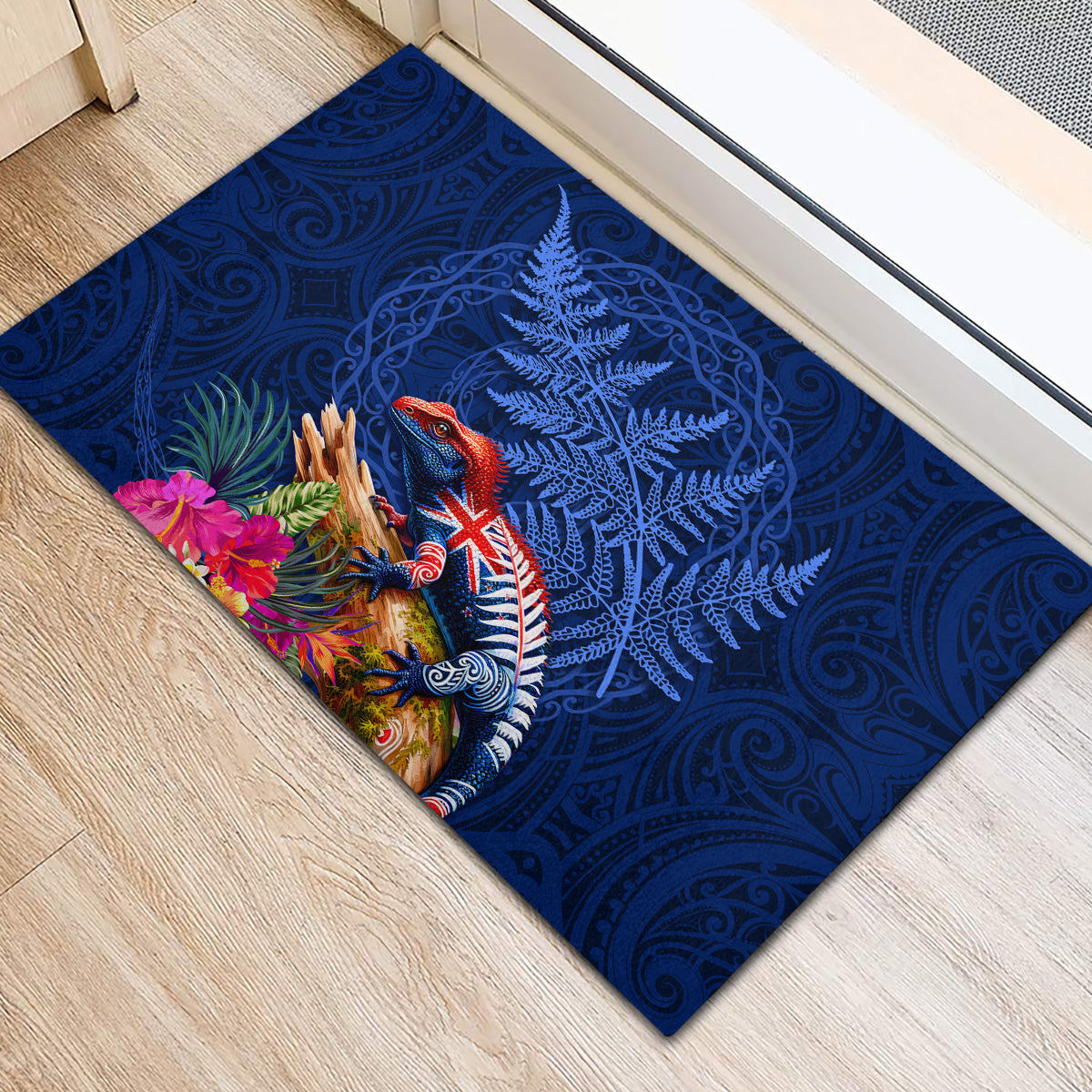 New Zealand Tuatara Rubber Doormat Silver Fern Hibiscus and Tribal Maori Pattern Blue Color LT03 - Polynesian Pride
