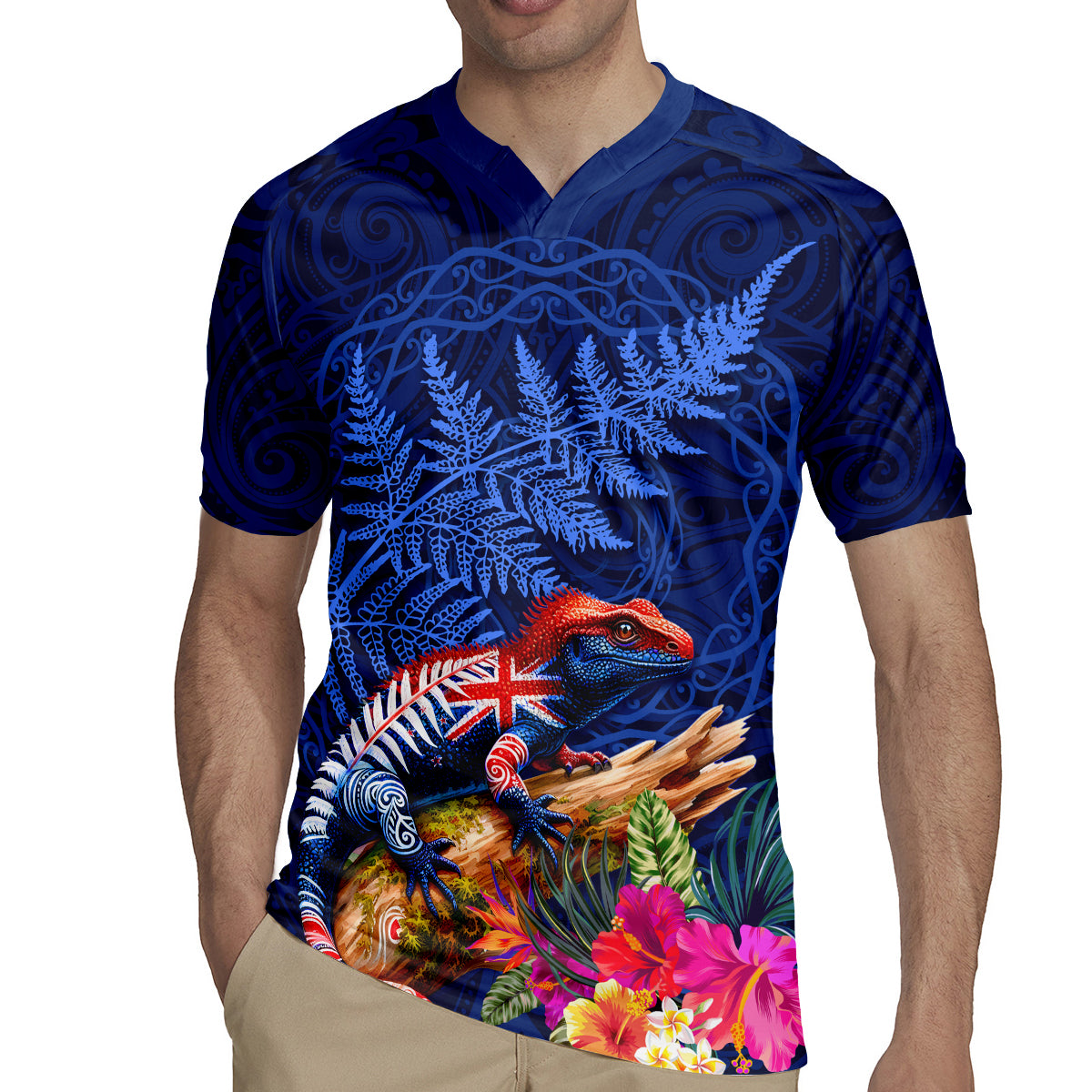 New Zealand Tuatara Rugby Jersey Silver Fern Hibiscus and Tribal Maori Pattern Blue Color