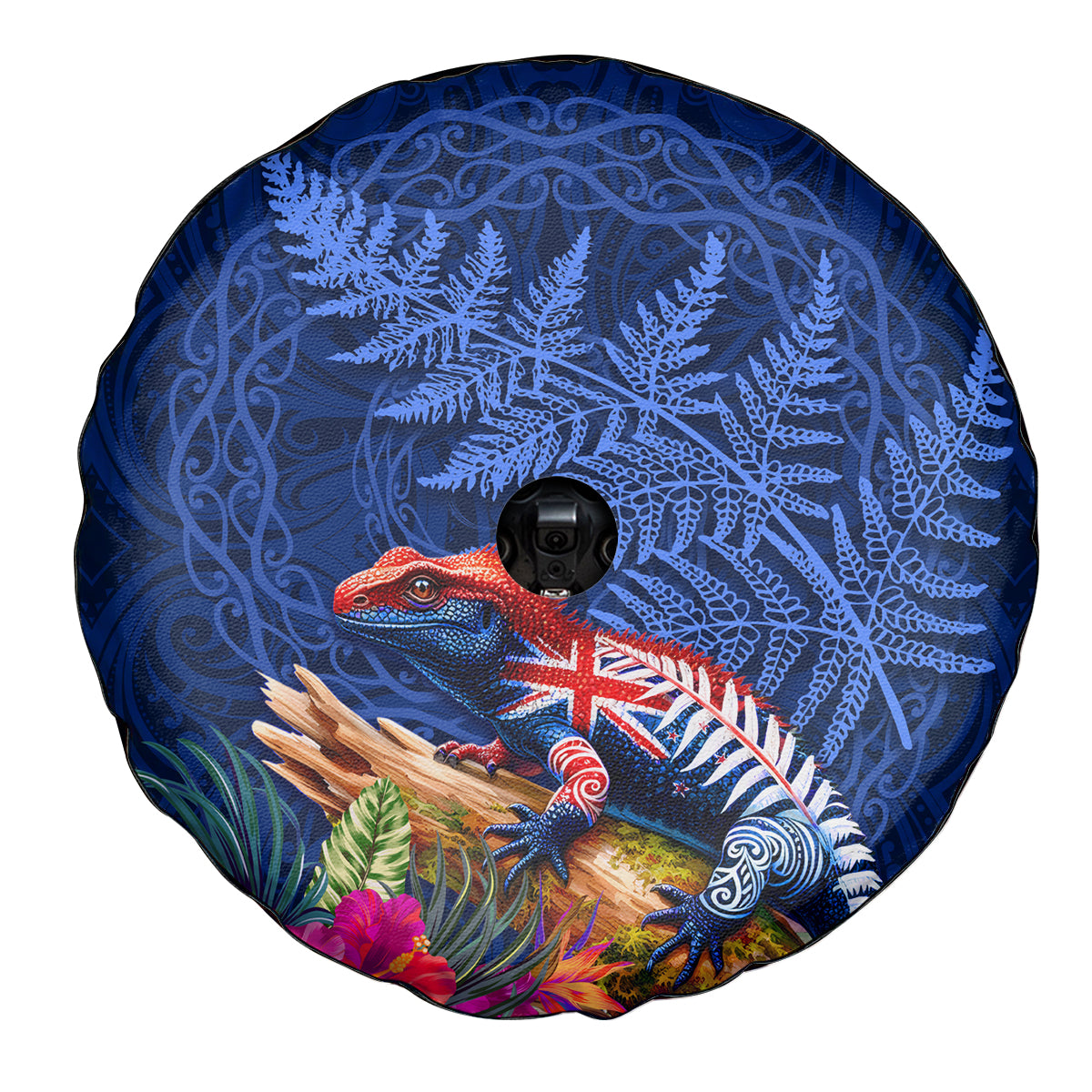 New Zealand Tuatara Spare Tire Cover Silver Fern Hibiscus and Tribal Maori Pattern Blue Color