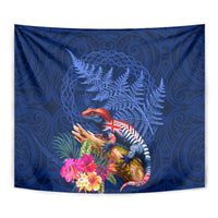 New Zealand Tuatara Tapestry Silver Fern Hibiscus and Tribal Maori Pattern Blue Color