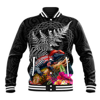 New Zealand Tuatara Baseball Jacket Silver Fern Hibiscus and Tribal Maori Pattern Black Color LT03 Unisex Black - Polynesian Pride