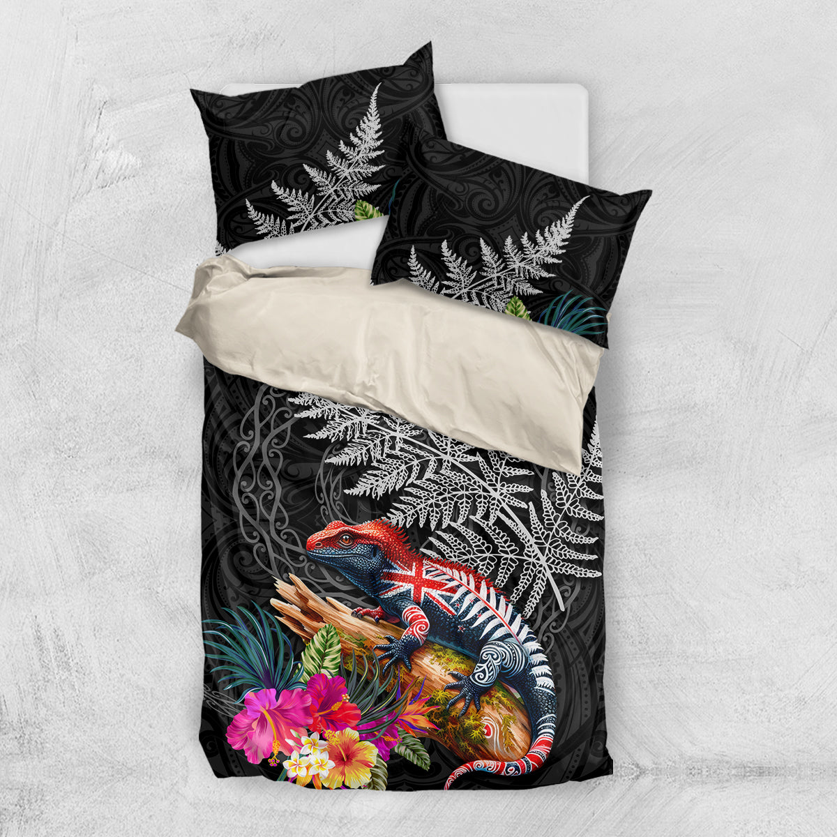 New Zealand Tuatara Bedding Set Silver Fern Hibiscus and Tribal Maori Pattern Black Color