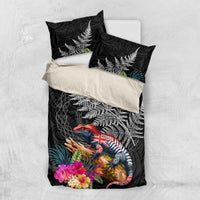 New Zealand Tuatara Bedding Set Silver Fern Hibiscus and Tribal Maori Pattern Black Color
