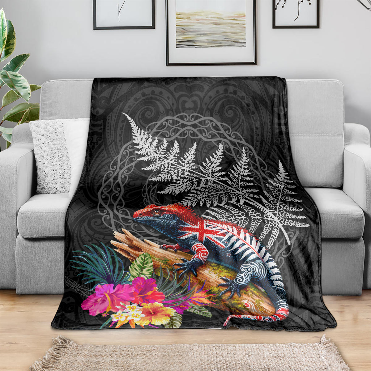 New Zealand Tuatara Blanket Silver Fern Hibiscus and Tribal Maori Pattern Black Color LT03 - Polynesian Pride