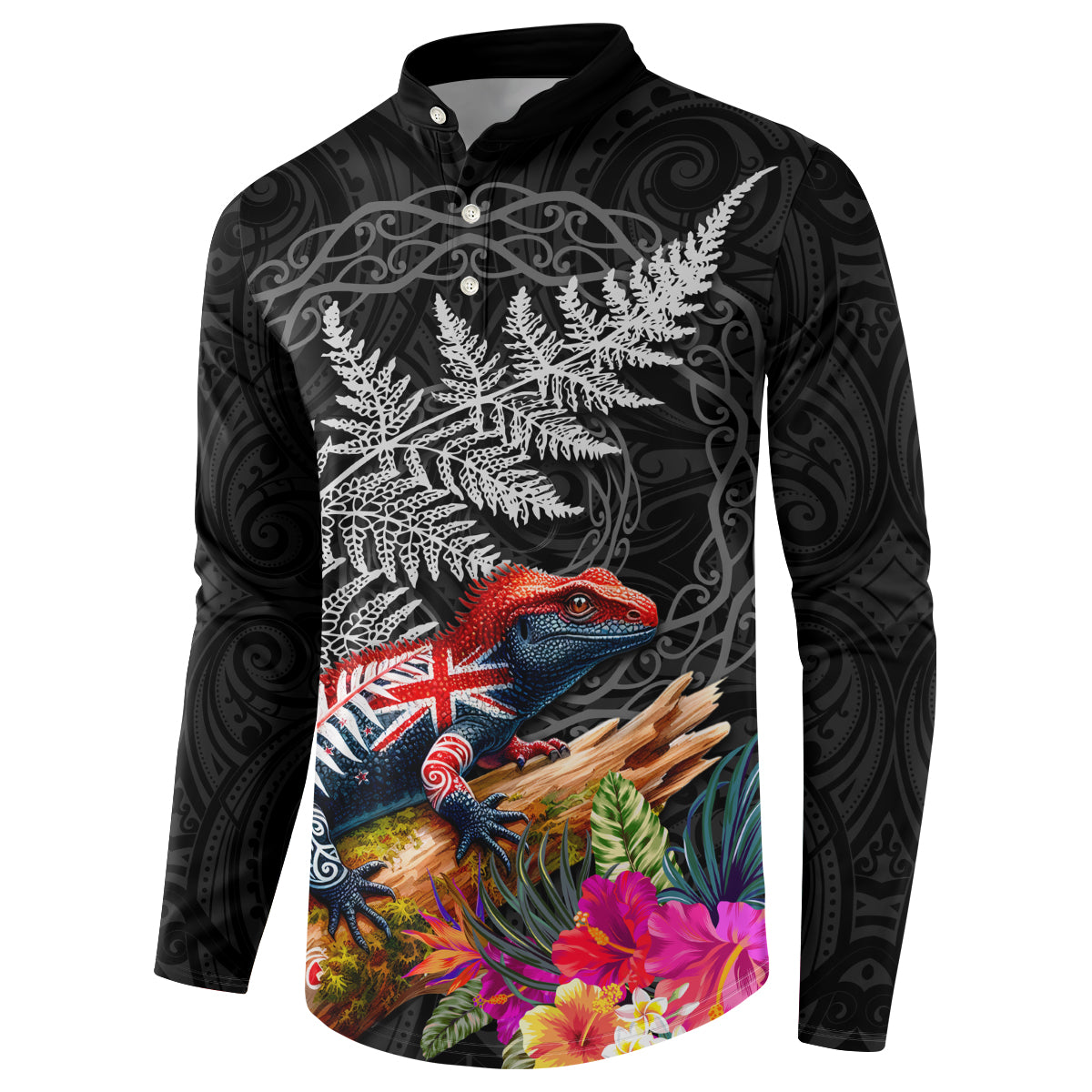 New Zealand Tuatara Button Sweatshirt Silver Fern Hibiscus and Tribal Maori Pattern Black Color LT03 - Polynesian Pride