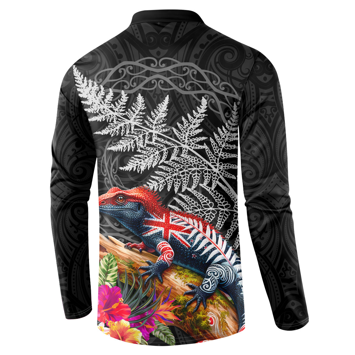 New Zealand Tuatara Button Sweatshirt Silver Fern Hibiscus and Tribal Maori Pattern Black Color LT03 - Polynesian Pride