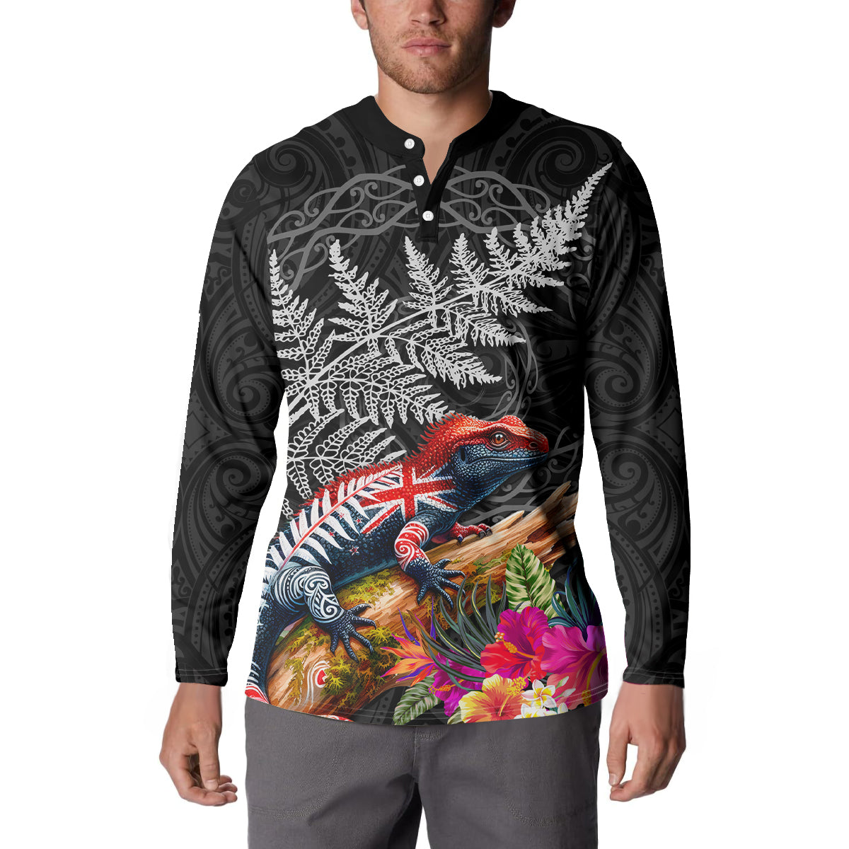 New Zealand Tuatara Button Sweatshirt Silver Fern Hibiscus and Tribal Maori Pattern Black Color LT03 - Polynesian Pride