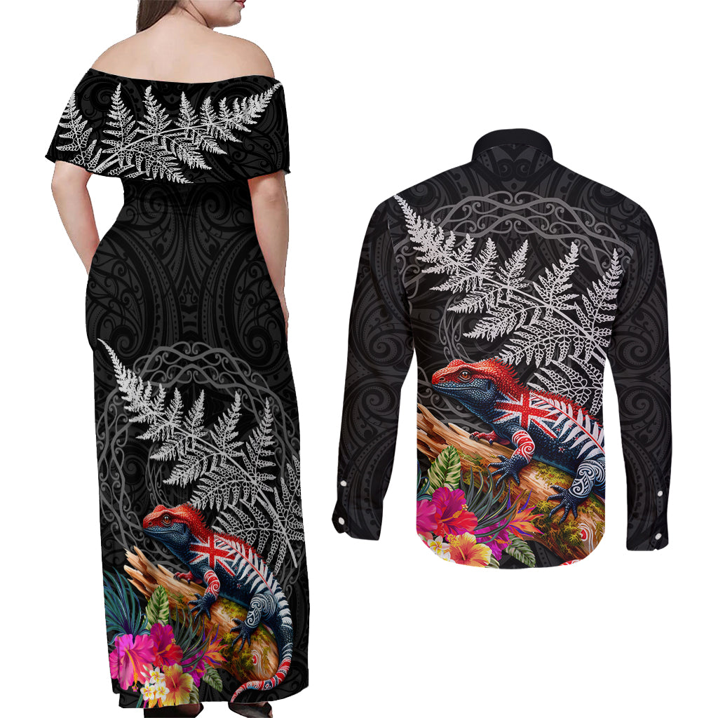 New Zealand Tuatara Couples Matching Off Shoulder Maxi Dress and Long Sleeve Button Shirt Silver Fern Hibiscus and Tribal Maori Pattern Black Color LT03 - Polynesian Pride