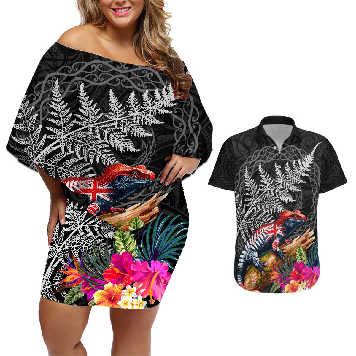 New Zealand Tuatara Couples Matching Off Shoulder Short Dress and Hawaiian Shirt Silver Fern Hibiscus and Tribal Maori Pattern Black Color LT03 Black - Polynesian Pride