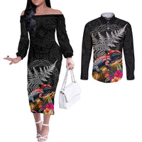 New Zealand Tuatara Couples Matching Off The Shoulder Long Sleeve Dress and Long Sleeve Button Shirt Silver Fern Hibiscus and Tribal Maori Pattern Black Color LT03 Black - Polynesian Pride