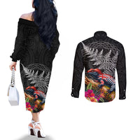 New Zealand Tuatara Couples Matching Off The Shoulder Long Sleeve Dress and Long Sleeve Button Shirt Silver Fern Hibiscus and Tribal Maori Pattern Black Color LT03 - Polynesian Pride