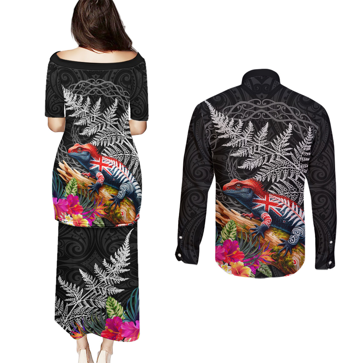 New Zealand Tuatara Couples Matching Puletasi and Long Sleeve Button Shirt Silver Fern Hibiscus and Tribal Maori Pattern Black Color