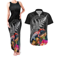 New Zealand Tuatara Couples Matching Tank Maxi Dress and Hawaiian Shirt Silver Fern Hibiscus and Tribal Maori Pattern Black Color LT03 Black - Polynesian Pride
