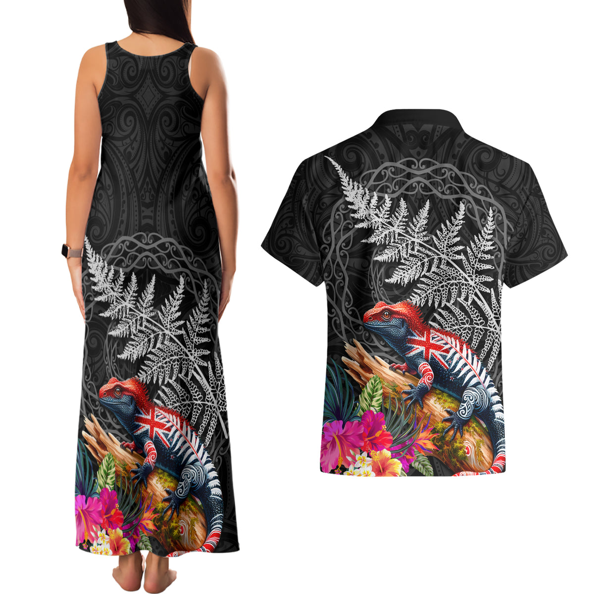 New Zealand Tuatara Couples Matching Tank Maxi Dress and Hawaiian Shirt Silver Fern Hibiscus and Tribal Maori Pattern Black Color LT03 - Polynesian Pride