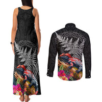 New Zealand Tuatara Couples Matching Tank Maxi Dress and Long Sleeve Button Shirt Silver Fern Hibiscus and Tribal Maori Pattern Black Color LT03 - Polynesian Pride