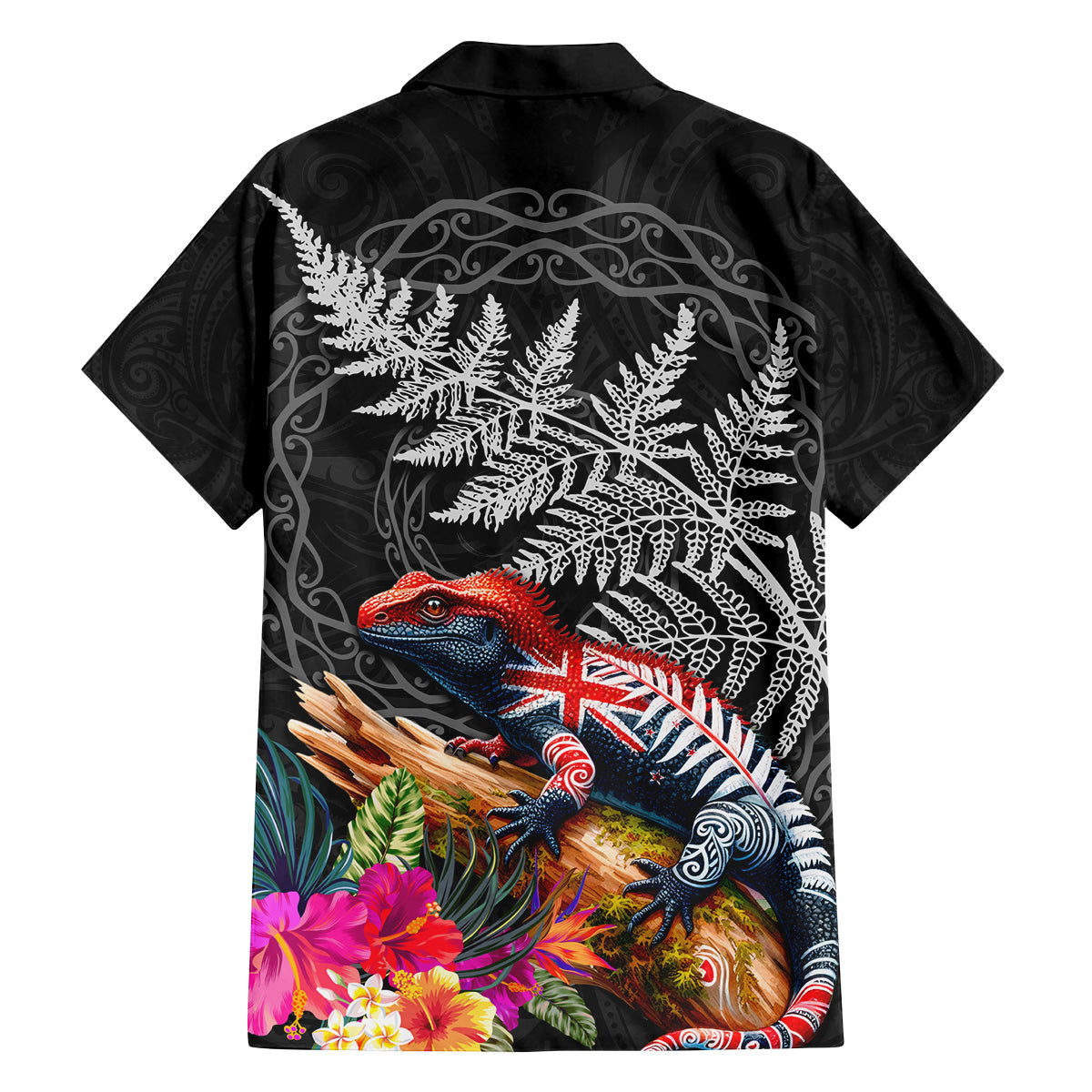New Zealand Tuatara Family Matching Long Sleeve Bodycon Dress and Hawaiian Shirt Silver Fern Hibiscus and Tribal Maori Pattern Black Color