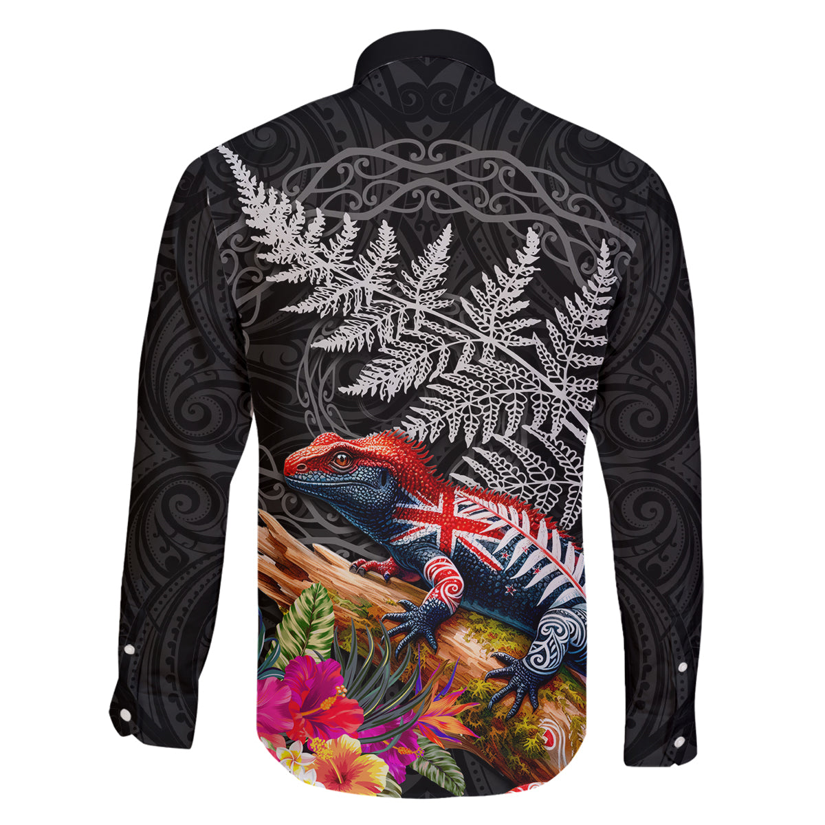 New Zealand Tuatara Family Matching Long Sleeve Bodycon Dress and Hawaiian Shirt Silver Fern Hibiscus and Tribal Maori Pattern Black Color