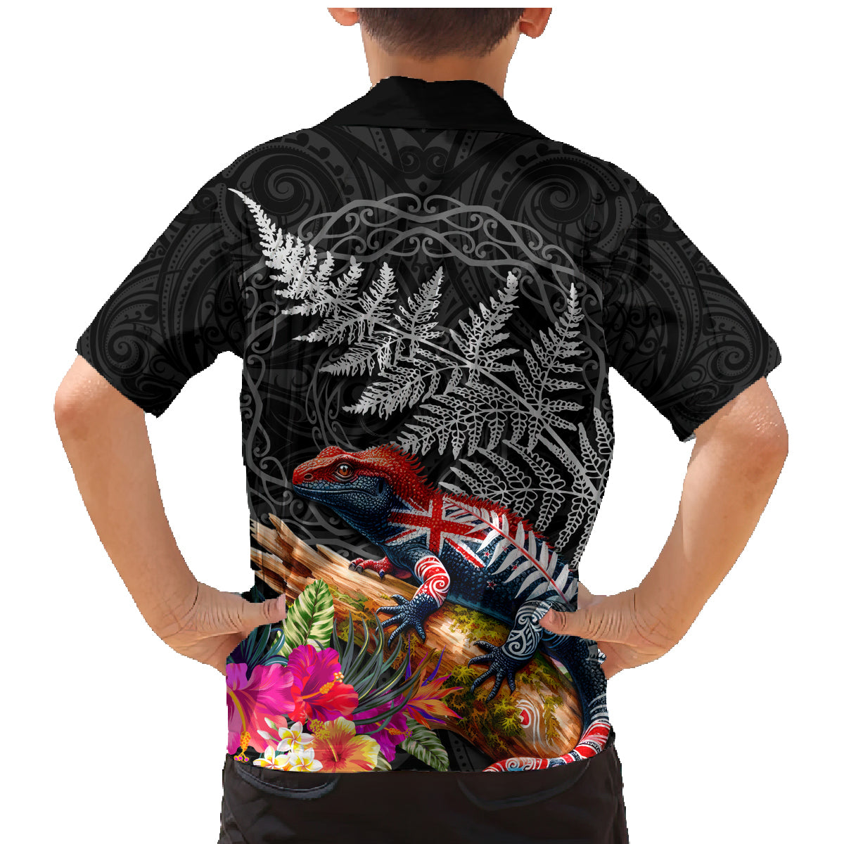 New Zealand Tuatara Family Matching Mermaid Dress and Hawaiian Shirt Silver Fern Hibiscus and Tribal Maori Pattern Black Color LT03 - Polynesian Pride